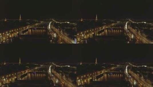巴黎塞纳河上空的夜间航班高清在线视频素材下载