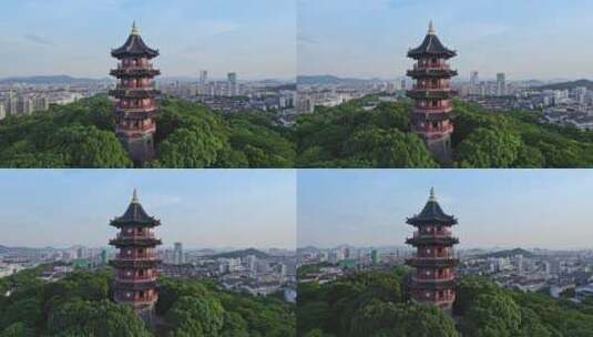 绍兴蕺山公园文笔塔与世茂天际中心建筑风光高清在线视频素材下载