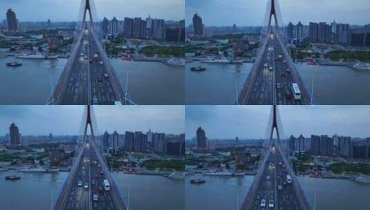 上海杨浦大桥大场景桥梁交通日落夜景4k航拍高清在线视频素材下载