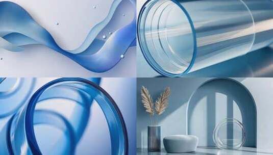 蓝色韵律流动曲线 透明器皿视觉交响蓝色调高清在线视频素材下载