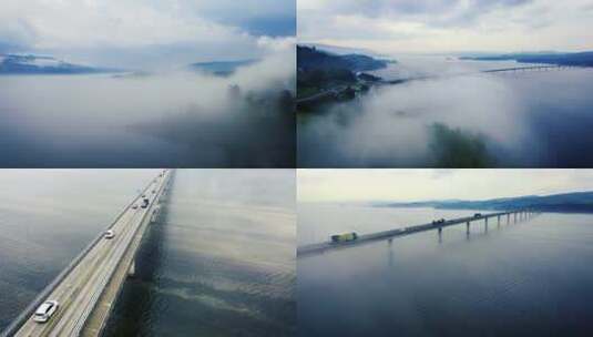 跨海 跨河 桥 雾 意境 航拍素材高清在线视频素材下载