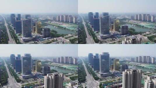 航拍山东淄博商务区现代建筑群背景 4k高清在线视频素材下载