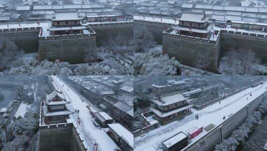 航拍西安城墙永宁门雪景高清在线视频素材下载