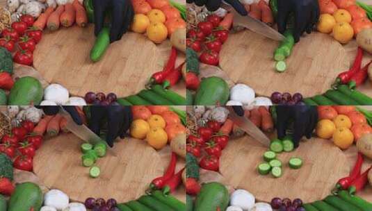 切割新鲜蔬菜的厨师手部特写高清在线视频素材下载