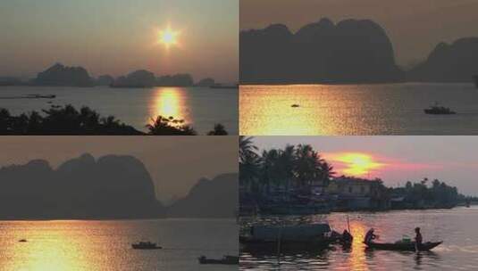 夕阳渔船出海剪影4K高清在线视频素材下载