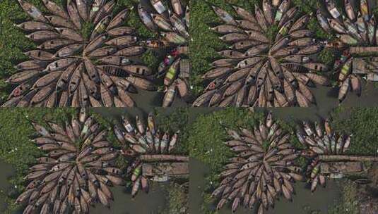停靠在孟加拉国沼泽中的小型木船的鸟瞰图高清在线视频素材下载