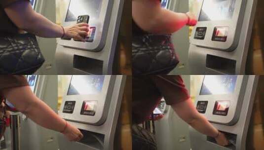 女性在自助取票机上手机扫码取票高清在线视频素材下载