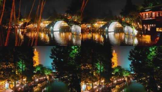 江南古镇小河旁的小桥宝塔夜景高清在线视频素材下载