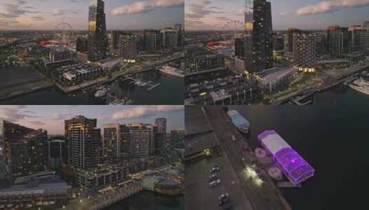 城市航拍墨尔摩天大楼河流港口夜景灯光日落高清在线视频素材下载