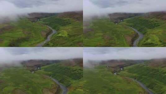 俯瞰薄雾中的山间河流高清在线视频素材下载
