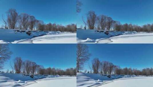 航拍初春库都尔河开河雪景高清在线视频素材下载
