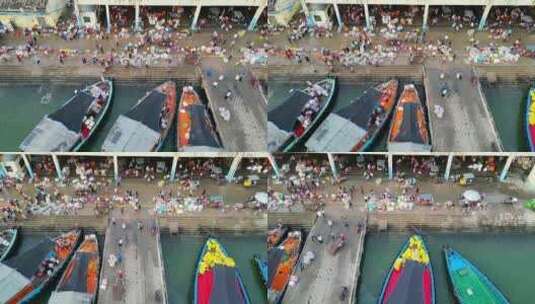 海南儋州洋浦白马井渔港热闹场面高视角航拍高清在线视频素材下载