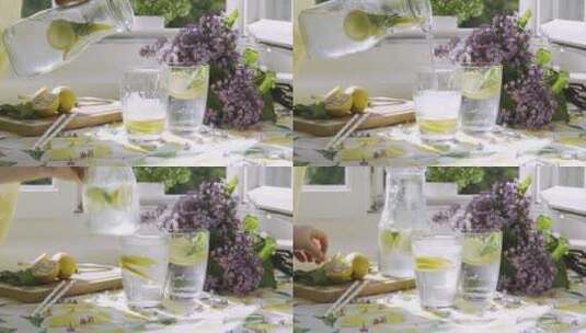 4K-将柠檬片苏打水倒入玻璃杯高清在线视频素材下载