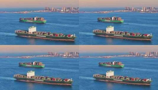 航拍轮船胶州湾轮船集装箱船航拍高清在线视频素材下载