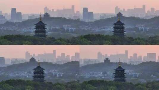 杭州雷峰塔城隍阁与城市建筑同框高清在线视频素材下载