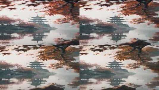 秋天的园林水塘和古亭（竖屏）高清在线视频素材下载