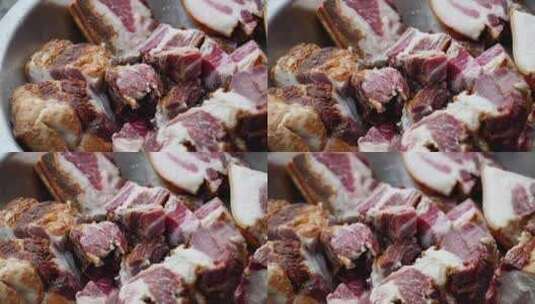 农村洗切加工猪肉腊肉高清在线视频素材下载