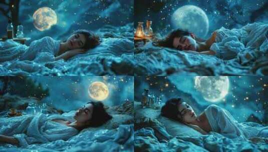 床上用品女人睡觉休息月亮星空躺着明月模特高清在线视频素材下载