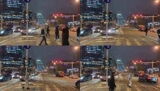 北京望京下雪夜景下班高峰高清在线视频素材下载