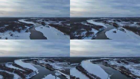 大兴安岭湿地河流初春开河雪景高清在线视频素材下载