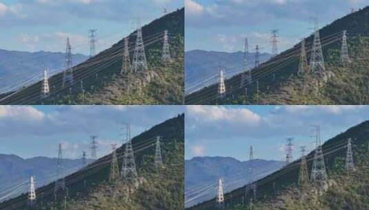 蓝天白云山脊上的铁塔电力设施高清在线视频素材下载