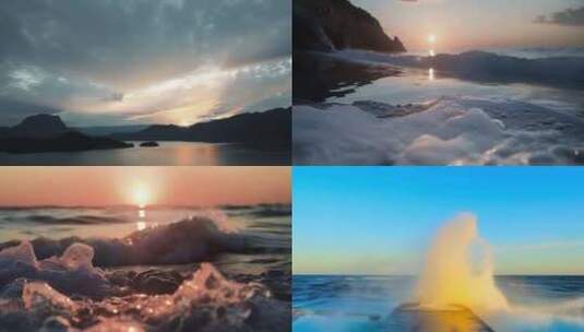 唯美海边晨光夕阳浪花泡沫4K高清在线视频素材下载