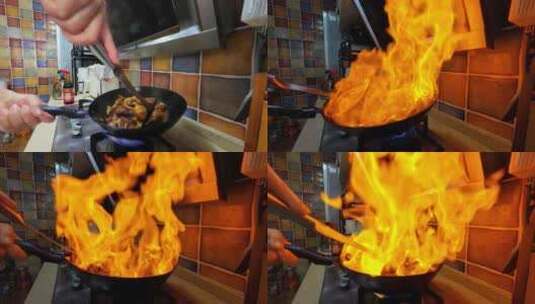 家庭厨房姜母鸭炒菜颠勺火焰慢镜头高清在线视频素材下载