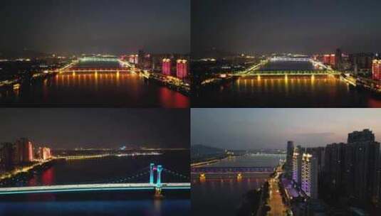 湖北襄阳汉江桥梁夜景灯光航拍高清在线视频素材下载