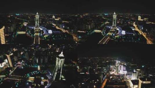浙江杭州武林广场环球金融中心夜景航拍高清在线视频素材下载