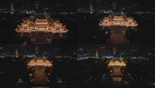 佛山顺德老城公园夜景牌坊航拍高清在线视频素材下载