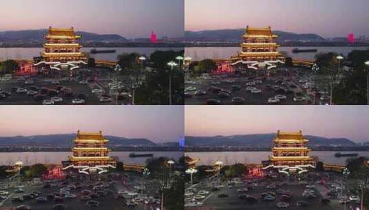 湖南省长沙市湘江杜甫江阁夜景4k航拍高清在线视频素材下载
