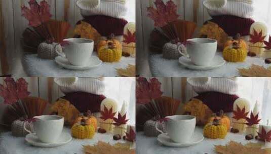 窗户上的秋季舒适茶和南瓜，秋季装饰高清在线视频素材下载
