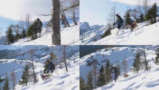 女人和一只狗从山上的雪山上跑下来高清在线视频素材下载