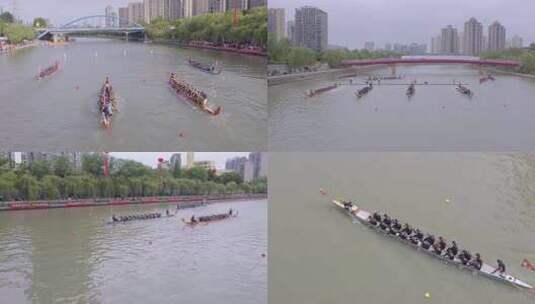 城市河道上热闹非凡的龙舟比赛高清在线视频素材下载