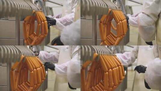 食品工厂里的工人在整理烤肠高清在线视频素材下载