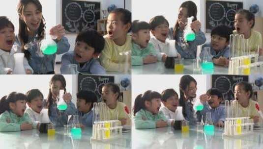 老师和小朋友们一起做化学实验高清在线视频素材下载