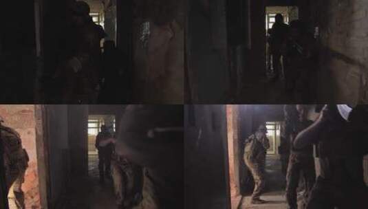一群士兵在黑暗中冲进大楼高清在线视频素材下载