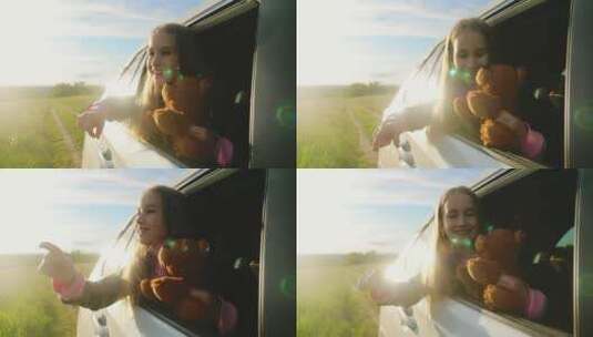 女孩在车窗玩耍高清在线视频素材下载