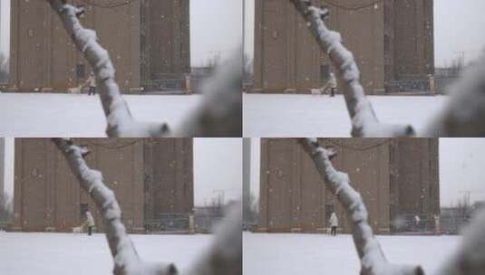 冬天小区里下雪遛狗逗狗高清在线视频素材下载