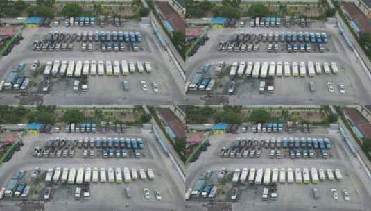 环卫车队厂区清洁车消毒车4K航拍高清在线视频素材下载