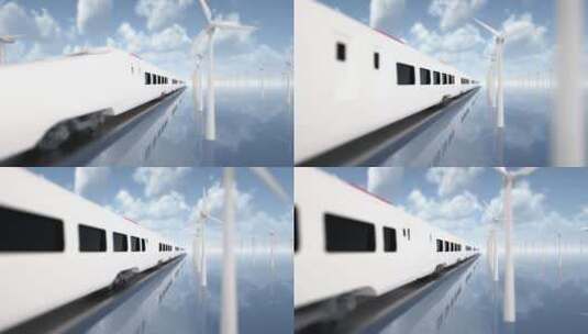 高铁动车驶过水中风力发电场C4D高清在线视频素材下载