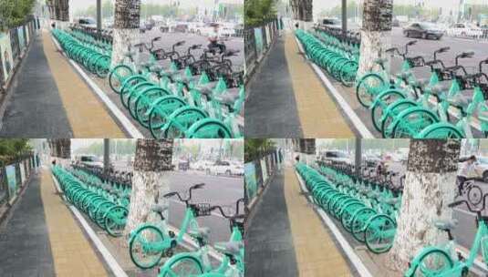 移动镜头北京市区排列整齐的共享单车高清在线视频素材下载