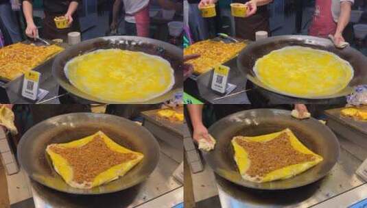 武汉街头早餐美食豆皮现场烹饪制作过程高清在线视频素材下载