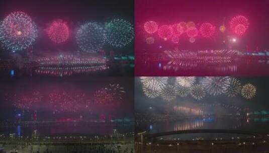 航拍西安浐灞奥体中心新年灯火烟花秀高清在线视频素材下载