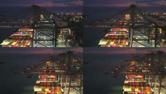 夜晚国际进出口货舱码头航拍高清在线视频素材下载