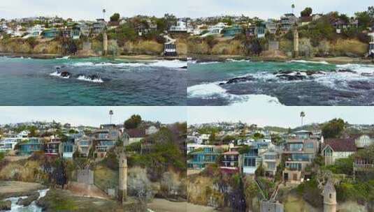 太平洋海滨拉古纳海滩拉图尔海盗塔和悬崖顶别墅的鸟瞰图高清在线视频素材下载