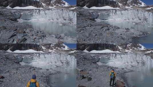 站在冰川附近的徒步旅行者高清在线视频素材下载