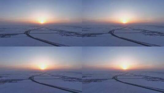 航拍4K雪域草原高速公路日出高清在线视频素材下载