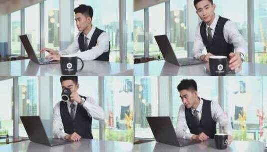 一位商务人士边工作边喝咖啡高清在线视频素材下载