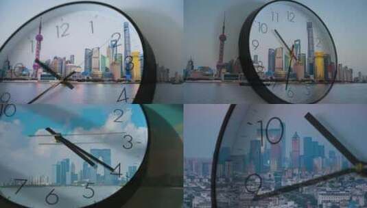 时钟表盘与城市延时叠化抽象意境高清在线视频素材下载